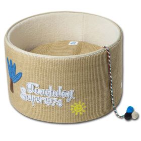 Touchcat 'Claw-ver Nest' Rounded Scratching Cat Bed w/ Teaser Toy - Khaki