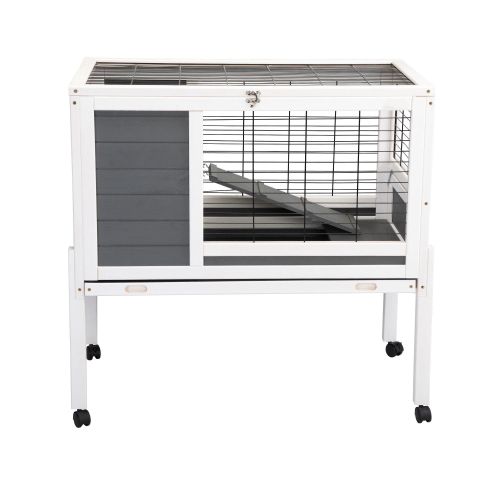 Wooden Rabbit Hutch with Wheels, Indoor/Outdoor Pet House with Pull Out Tray - Gray and White XH - Gray and White Wooden Rabbit Hutch with Wheels, Indoor/Outdoor Pet House with Pull Out Tray - Gray and White XH - Gray and White