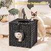 Mewoofun Handmade Cat Supplies Cat House for Indoor Woven Rattan Designed Pets - black