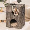 MEWOOFUNCat House Wicker Cat Bed for Indoor Cats Woven Rattan Cat Condos Outdoor - grey