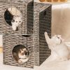 MEWOOFUNCat House Wicker Cat Bed for Indoor Cats Woven Rattan Cat Condos Outdoor - grey